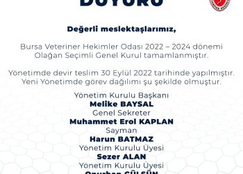 Bursa Veteriner Hekimler Odası 2022-2024 Dönemi Yönetim Kurulu Görev Dağılımı