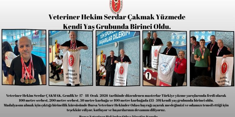 Veteriner Hekim Serdar Çakmak Yüzmede Kendi Yaş Grubunda Birinci Oldu.